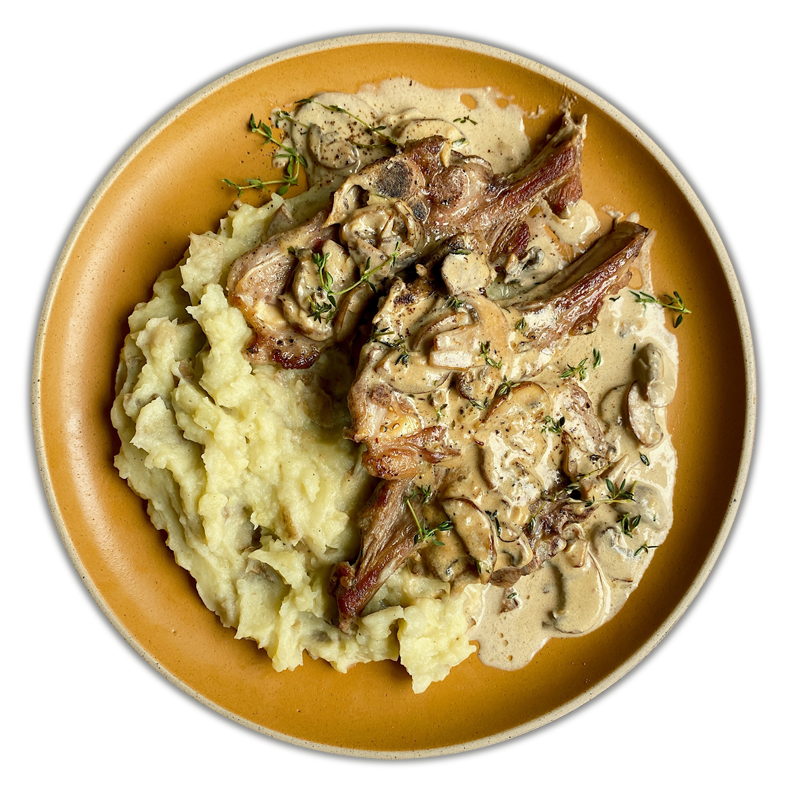 LAMB SHOULDER CHOPS WITH CREAM OF MUSHROOMS with garlic, thyme and mashed potatoes