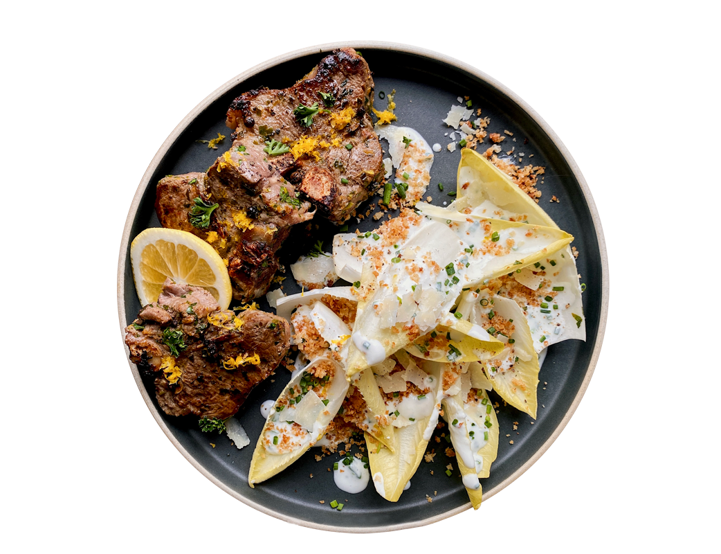 PEPPER AND LEMON LAMB CHOPS with endives and chive yogurt