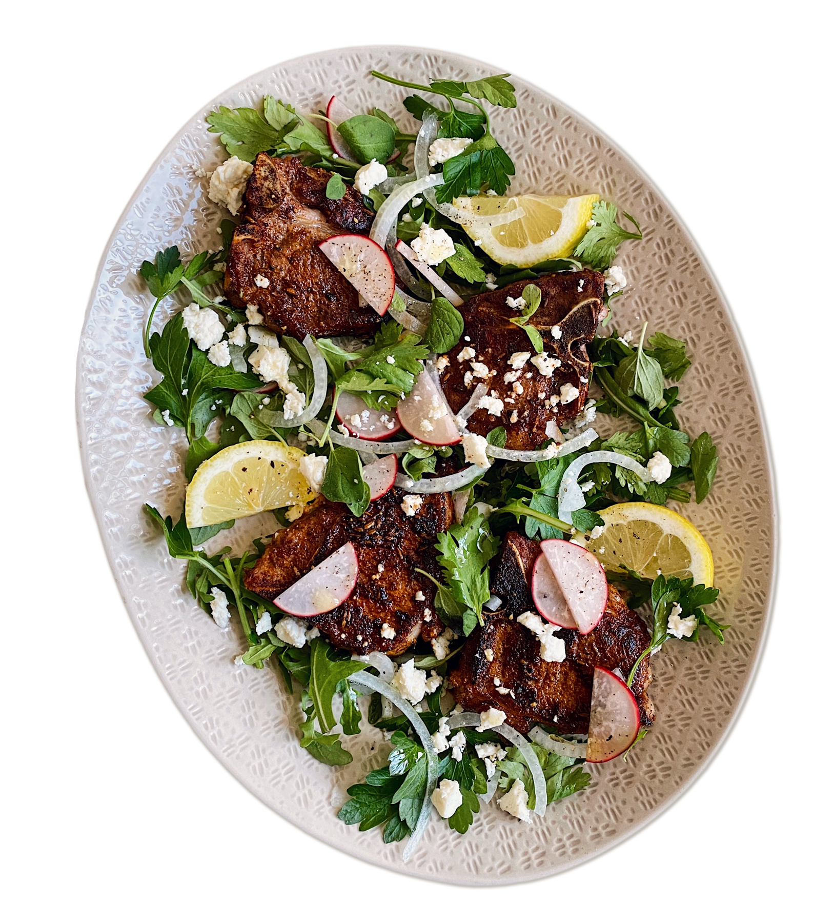 SPICES LAMB CHOPS with Herb Salad and Pickled Radish