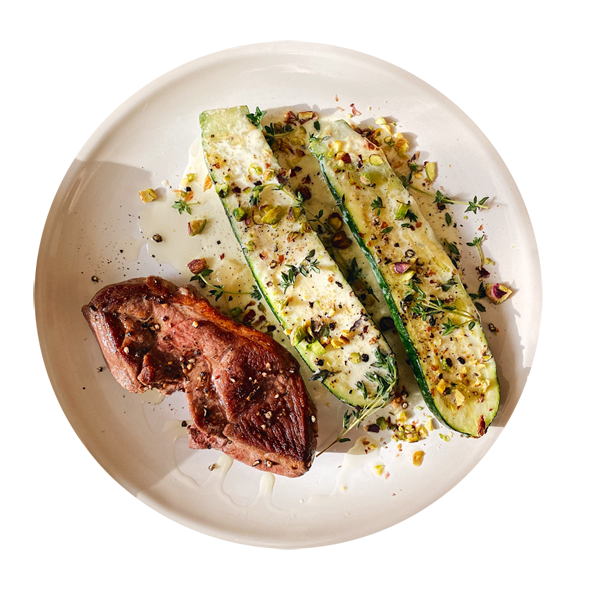 STEAK LAMB with Creamed Zucchini with Thyme, Garlic and Pistachios