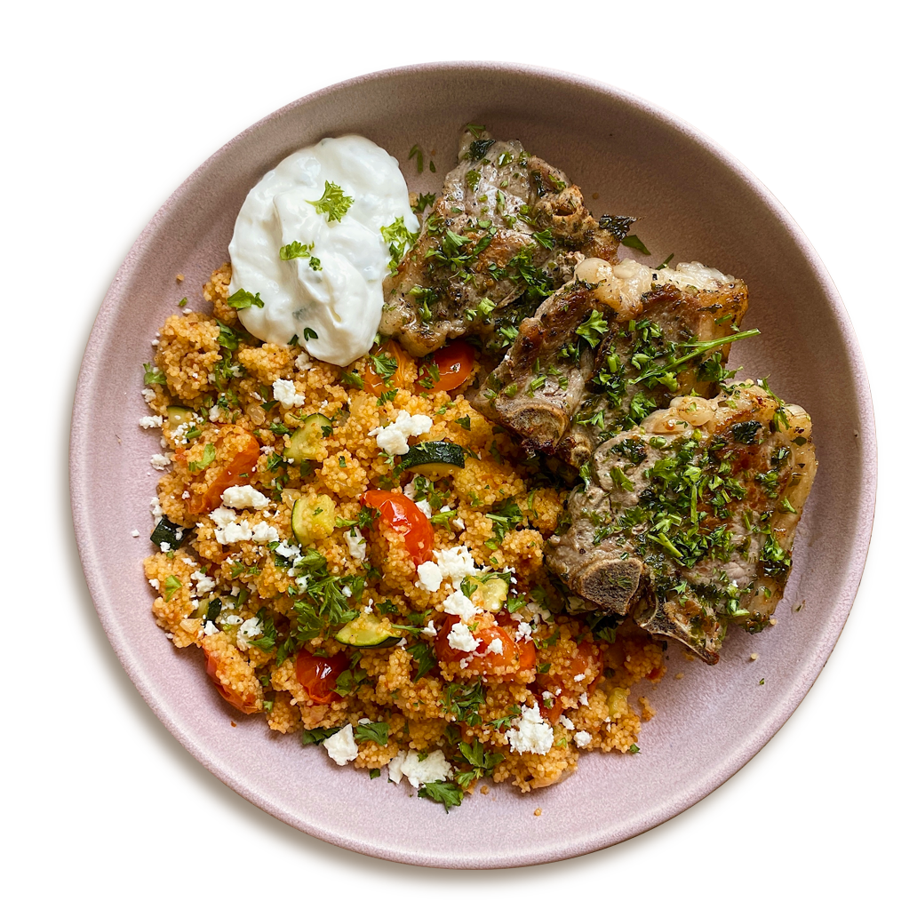 QUEBEC LAMB CHOPS with Sundried Tomato Pesto Couscous and Tzatziki