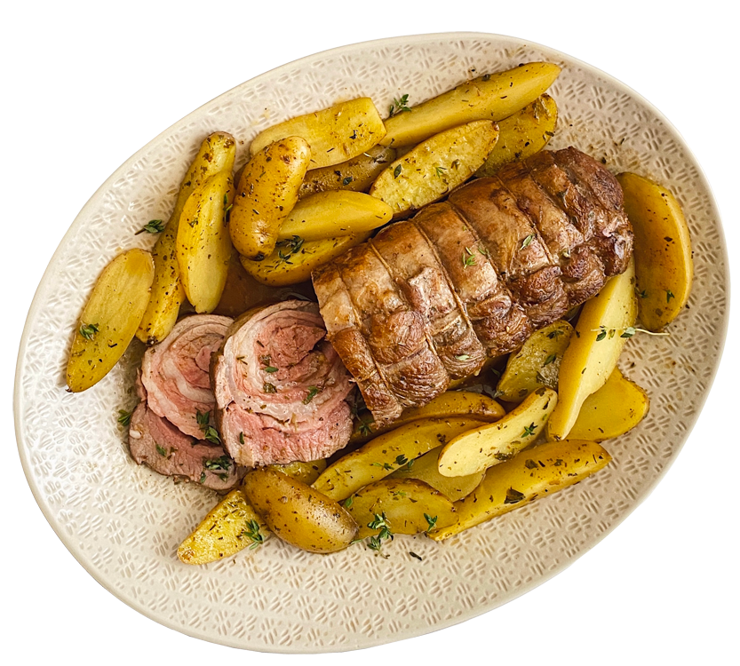QUEBEC LAMB ROAST SADDLE  with Lemon Potatoes and Roasted Pepper Salad